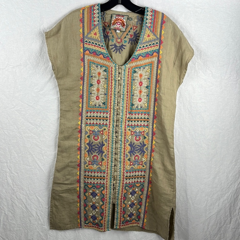 Johnny small linen embroidered button front dress